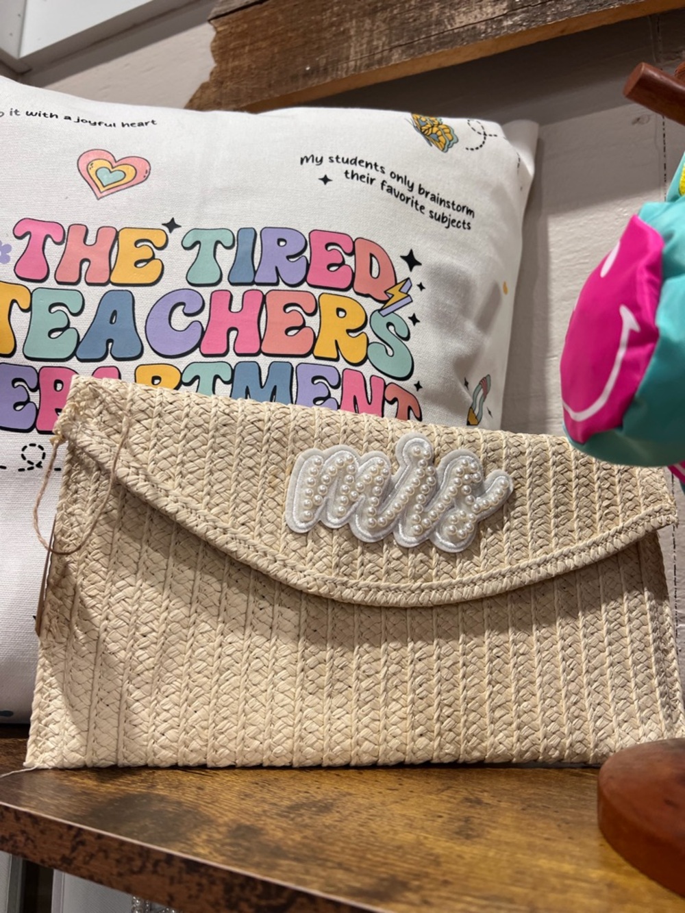 New Beaded 'Mrs' Woven Straw Clutch - Natural